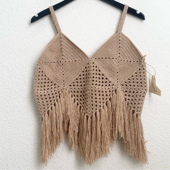 MIREMAR Natural Beige Tan Crochet Fringe Bohemian Boho Top One Size - Picture 7 of 15